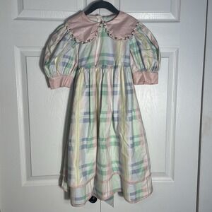 Vintage Sarah Kent Dress Girls 6X Pastel Plaid Pink‎ Collar Rose 80s Cottagecore
